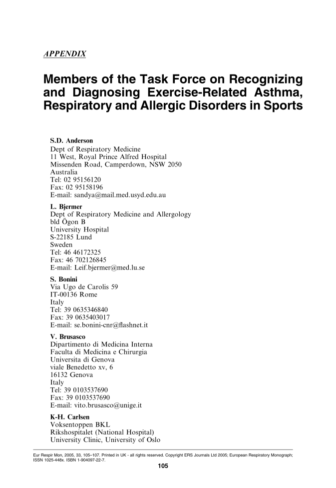 Diagnosis, Prevention and Treatment of Exercise-Related Asthma, Respiratory and Allergic Disorders in Sports page 105